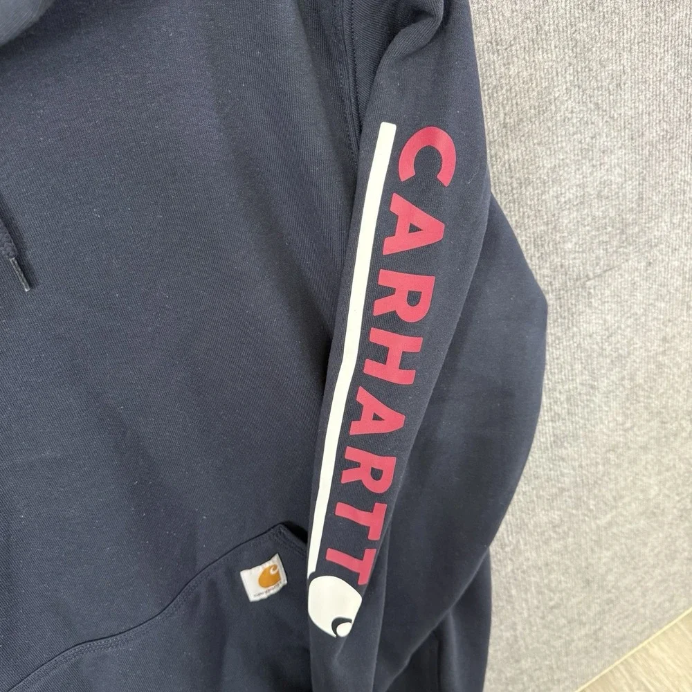 NWT Carhartt Mens XL Loose Fit Midweight Logo Sleeve Hoodie Navy - Picture 4 of 6